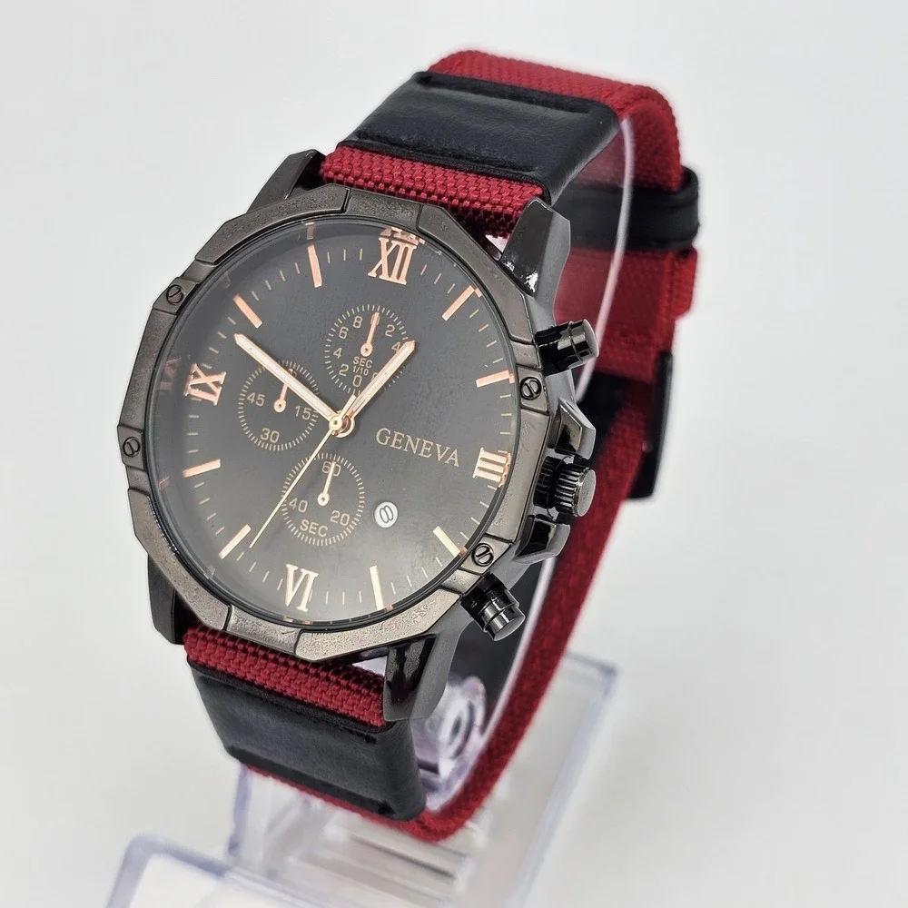 Men's Watch 42MM Black Dial Date Black Red Canvas Band‎ Straps New Battery